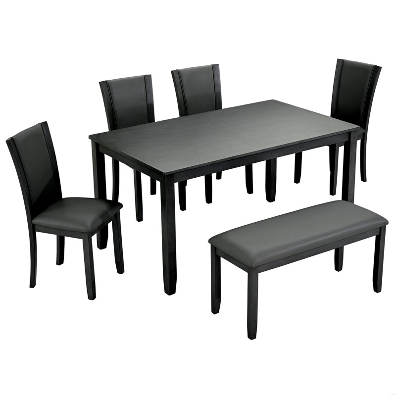 6-Piece Dining Table Set With Bench And Chairs, Wooden Dining Table Set For 6