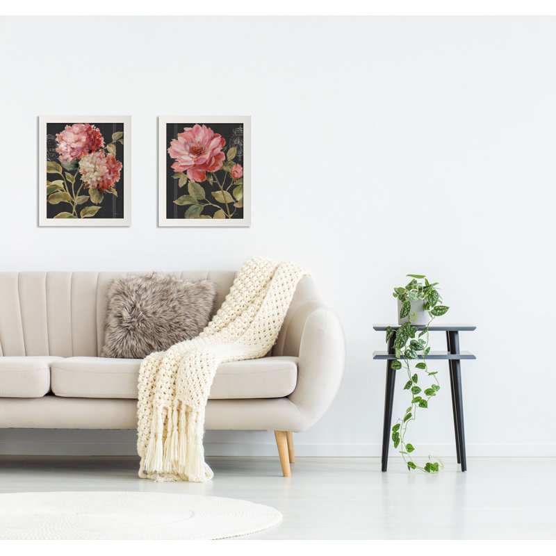 « harmonieuse rose black & hortensias », ensemble de 2 reproductions d’art en acrylique, Papier avec cadre blanc