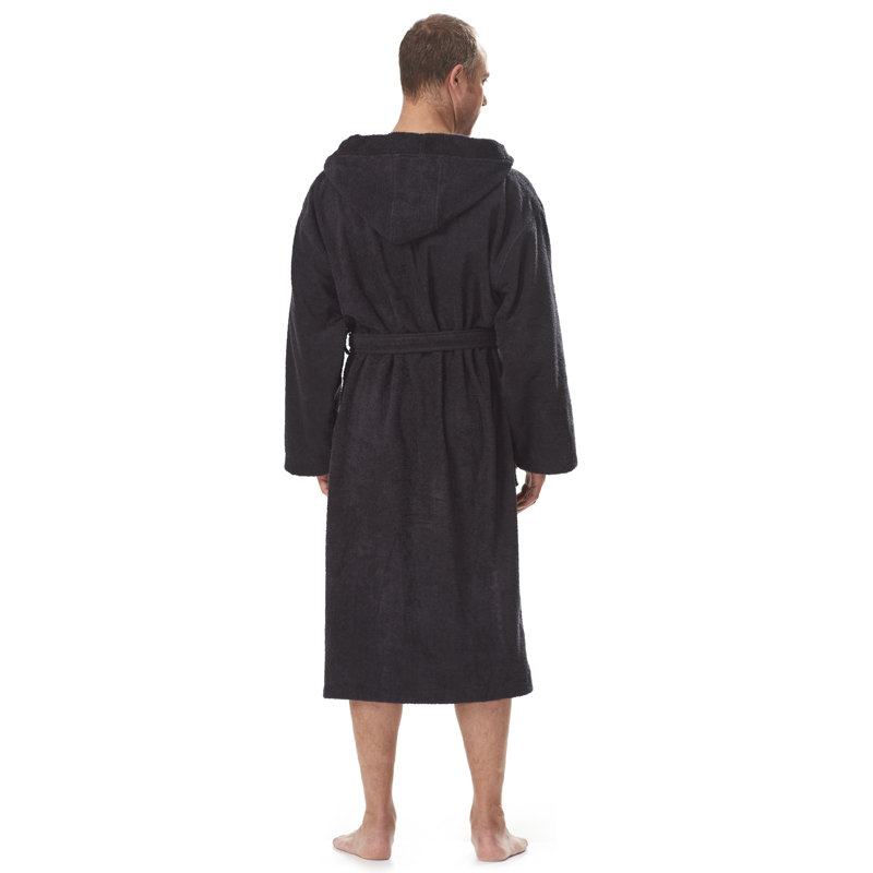 Peignoir mi-mollet 100% coton avec poches et capuche Clyda, Noir, Grand / Très grand