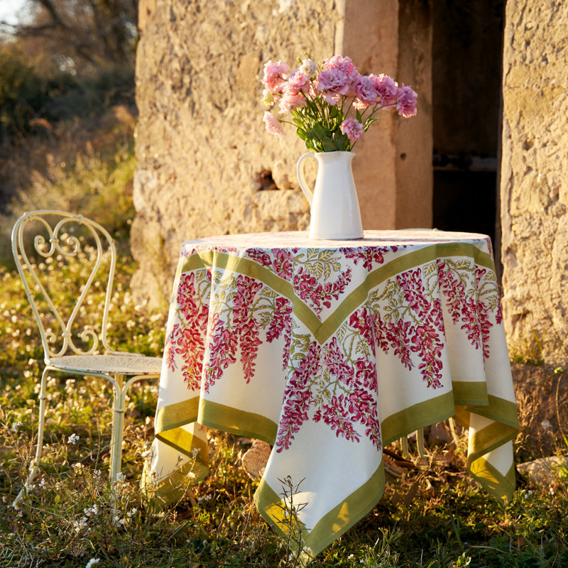 Wisteria Handmade Floral Tablecloth, 71" x 71", Pink/Green
