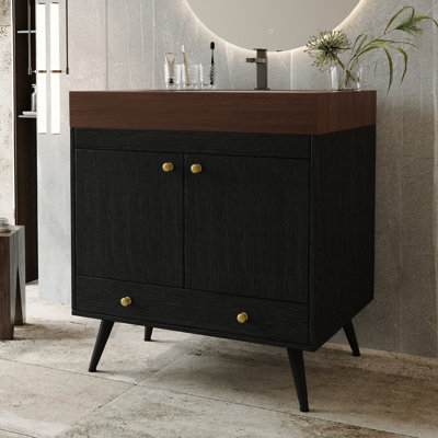 Meuble-lavabo autoportant classique 30 po avec plateau en pierre frittée, armoire de rangement