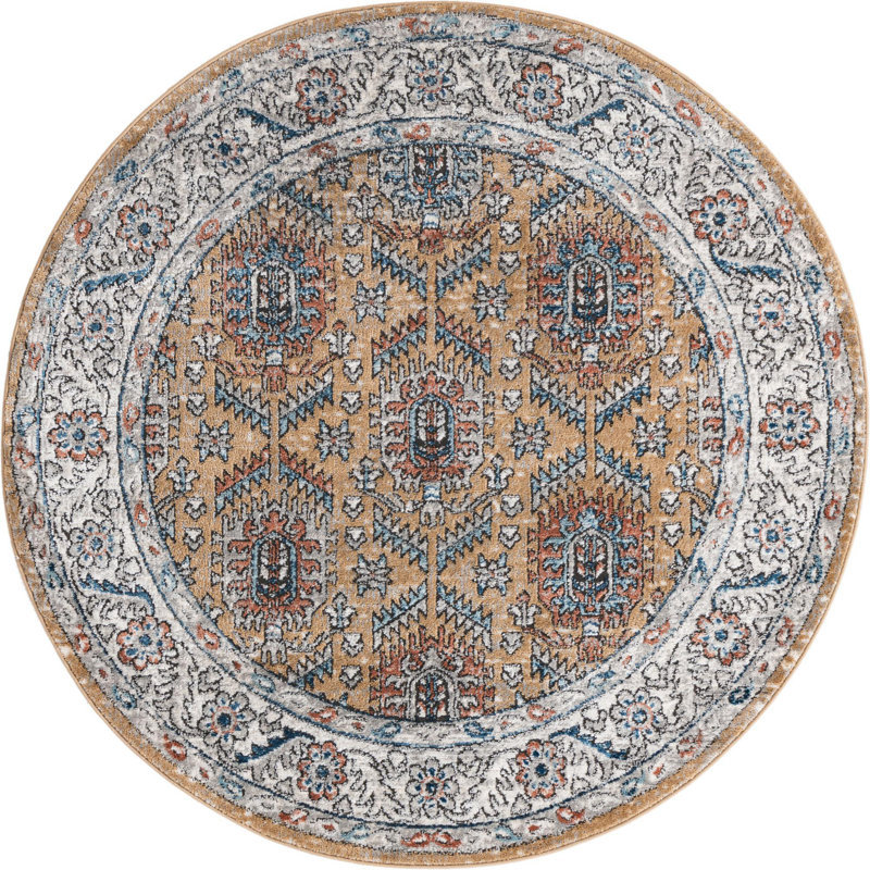 Tapis traditionnel jaune / ivoire, Rond 5 pi 3 po