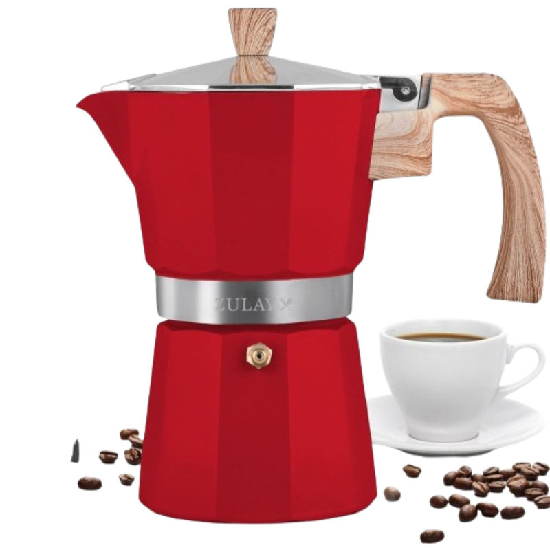 Machine à espresso Zulay Kitchen - Moka Pot 3 tasses à espresso - Rouge avec poignée en bois