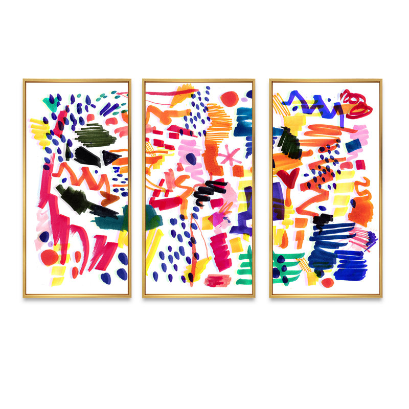 «Modern Modern Multicolor Futuristic Pop Art», reproduction sur toile flottante 3 pièces, H 20 po x l 36 po, Cadre doré
