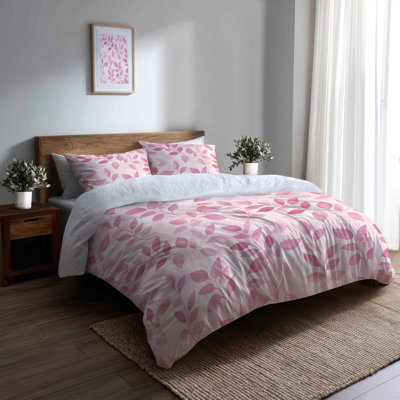 Floral Bedding Set Of 3 - Country Farmhouse Dawn Pink Leaves Duvet Cover Set
