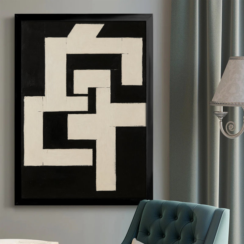 Motif géométrique abstrait moderne: formes entrelacées en noir et blanc, style de peinture abstraite moderniste. Toile encadrée 24 "x 36" avec cadre en bois noir