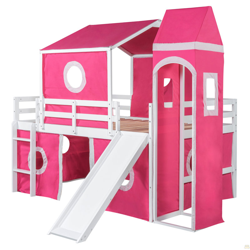 Lit mezzanine double avec tente et tour rose Slide