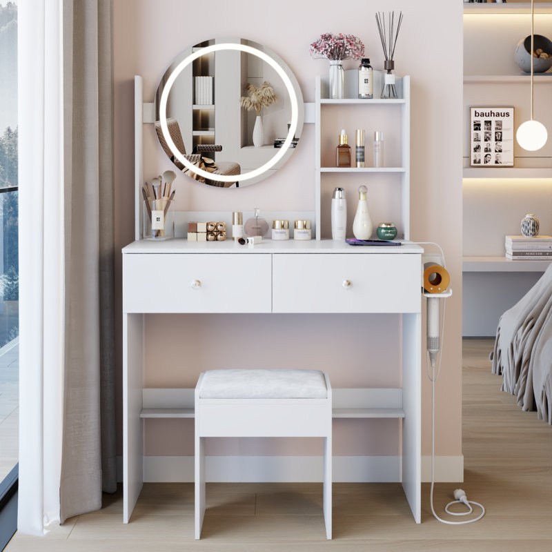 Round LED Mirror Vanity Table with Cushioned Stool and USB Power Socket, White