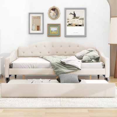 Full Size Upholstered Tufted Daybed With Twin Size Trundle, Beige