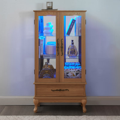 Lighted Curio Cabinet - Elegant Glass Display Cabinet with Adjustable Shelves, 2 Doors, and 1 Drawer - Wine Storage Sideboard with Included Bulb - Lig