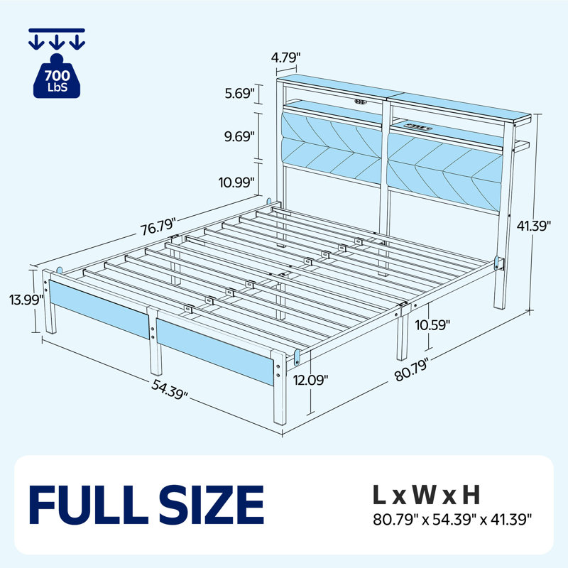 Bed Frame with Storage Headboard, Metal Platform Bed Frame with RGB Lights & Outlets, Full, Off White, No Drawers