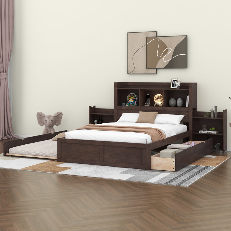 Full Size Storage Platform Bed With Pull Out Shelves, Twin Size Trundle And 2 Drawers