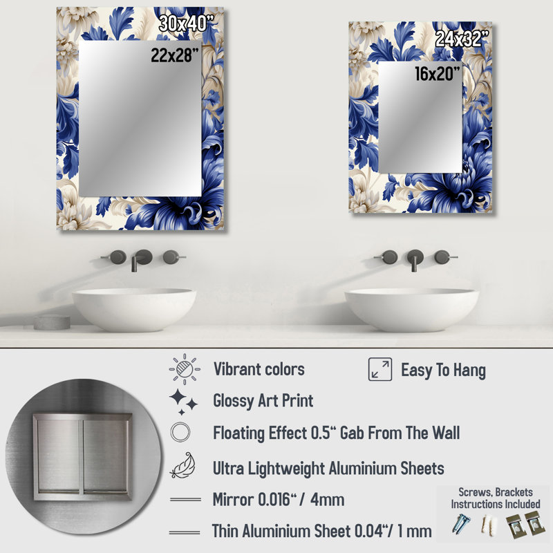 Motif victorien brocart bleu cobalt Kirk - miroir floral, miroir mural décoratif floral, impression d'art en métal