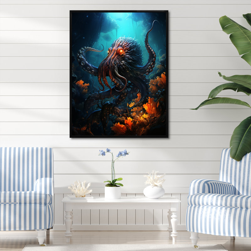 Superheros Octopus Warrior sur impression sur toile, H 20 po x l 12 po x P 1 po, Cadre flottant noir