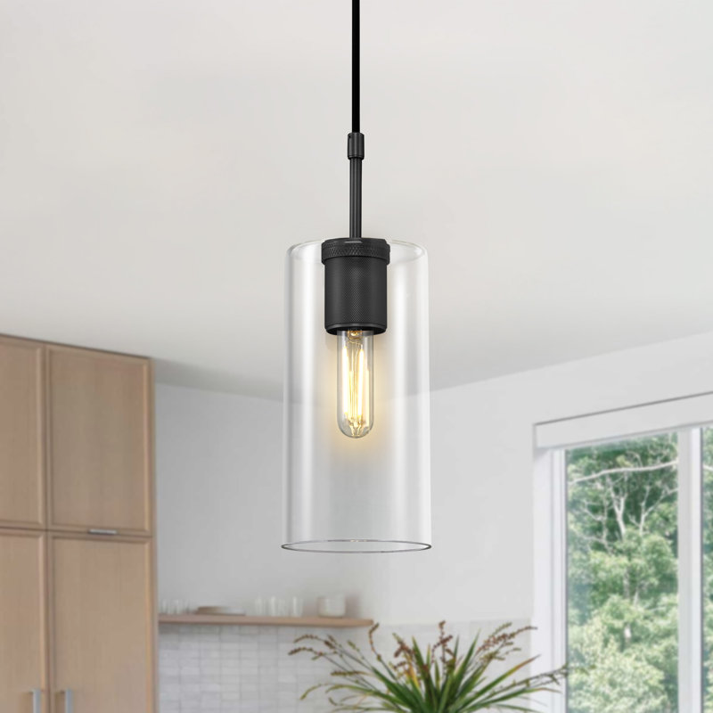 Luminaire suspendu à 1 lumière pour îlot de cuisine avec verre cylindrique, Noir mat