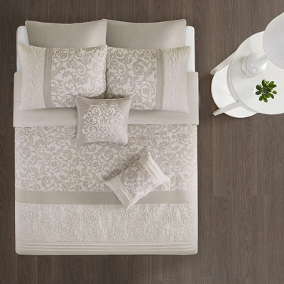 Luxury Transitional Embroidered 8-Piece Comforter Set| Hypoallergenic Polyester Microfiber Bedding with Quilted Pintuck Design, Machine Washable Decorative Shams & Pillows