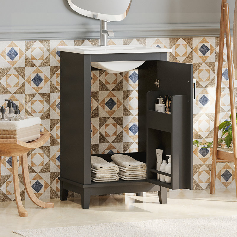 Petit meuble-lavabo avec lavabo en céramique, Noir, noir, noir, noir