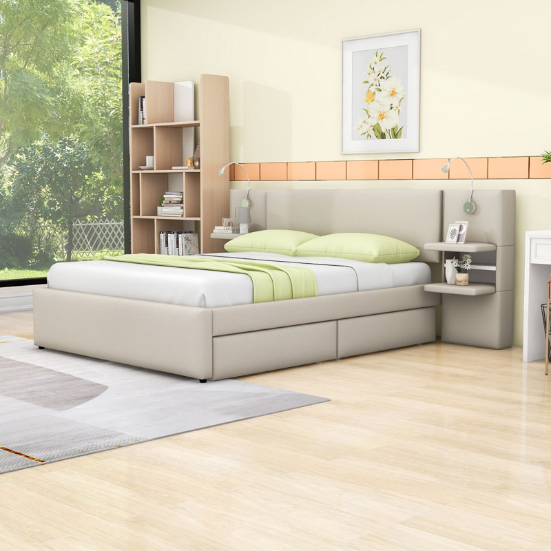 Queen Upholstered Platform Bed with 2 Drawers and Trundle and Lights, Beige