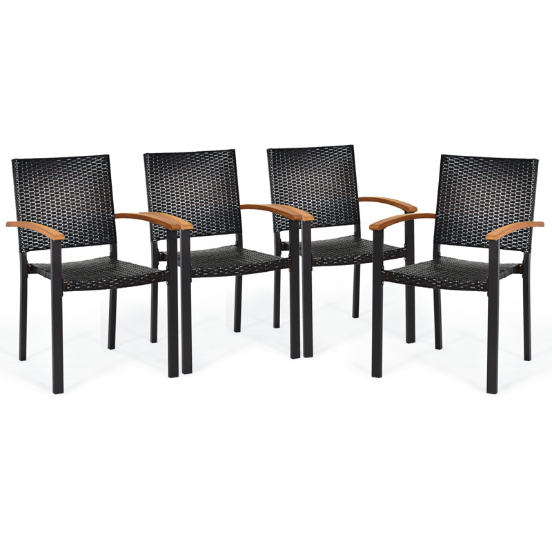 Rustic Wicker Dining Armchair with Cushions and Acacia Wood Armrests