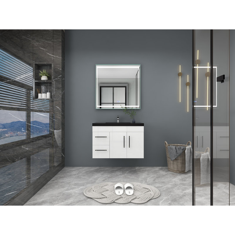 Ensemble de meuble-lavabo mural simple 36 po Camoren, Blanc ultrabrillant, Noir mat