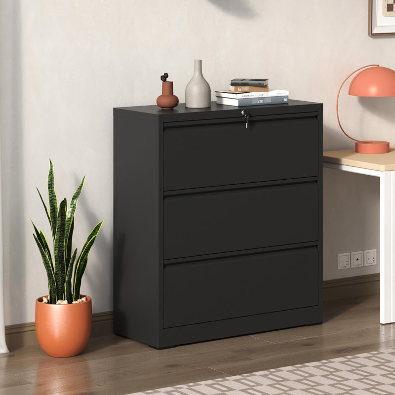 Lockable Metal 3 Drawer Filing Cabinet, Black, For Office Efficiency Modern Black File Cabinet With Locking Function, Black