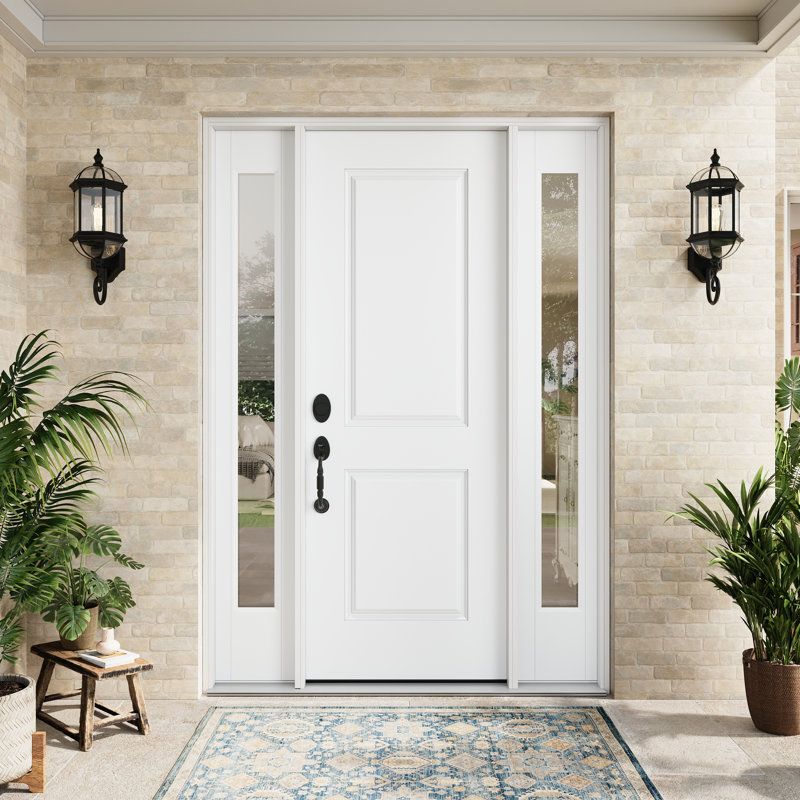 Entry Front Exterior Fiberglass Door 32" x 80" Primed White 2-Panel Prehung Door Fixed Double Sidelite White 1 Lite Clear Glass Door With Jamb, Right-Hand Inswing (Not Included Hardware Kit)