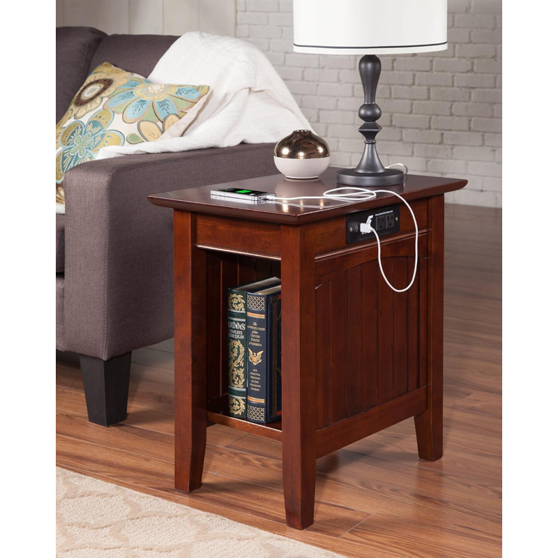 Nantucket Walnut Side Table With Built-In Charging Station And 2 Power Outlets