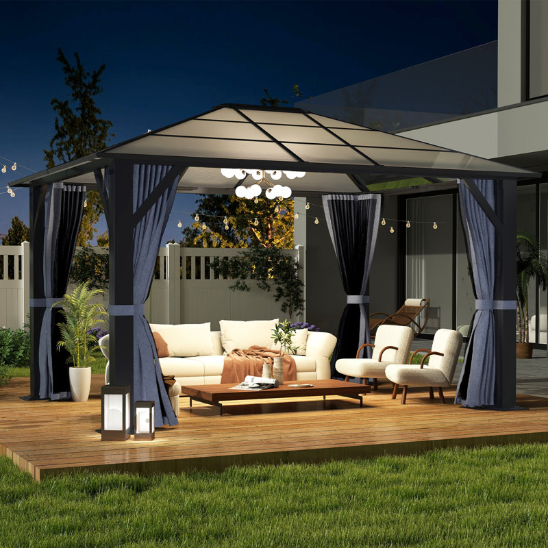 10' x 12' Gray Steel Hardtop Gazebo with Curtains and Netting