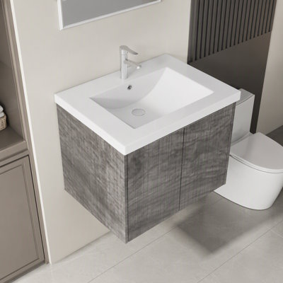 Meuble-lavabo flottant 24 po avec lavabo, porte à fermeture en douceur, évier en céramique, contreplaqué, gris
