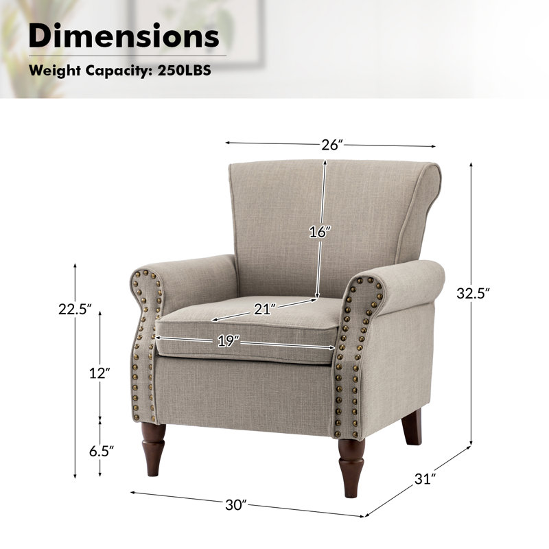Fauteuil rembourré avec pieds en bois massif Mooresville, Polyester gris