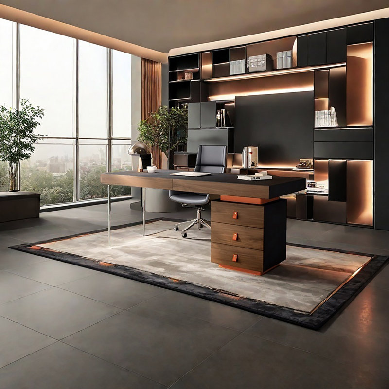 Bureau d'écriture brun en cuir brun à 3 tiroirs, H 29,53 po x l 62,99 po x P 27,56 po