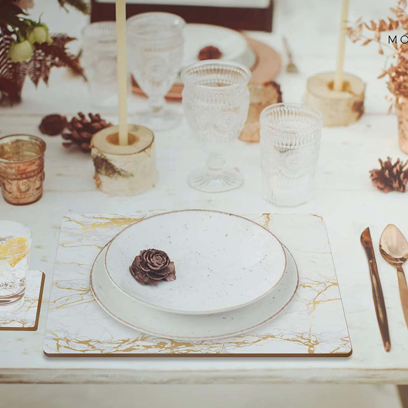 Set Of 4 Heat Resistant Cork Placemats For Dining Table With Free Set Of 4 Matching Drink Coasters Marble Design 16 X 12 Inches Cork Backed Hard Placemats (Foiled Gold)