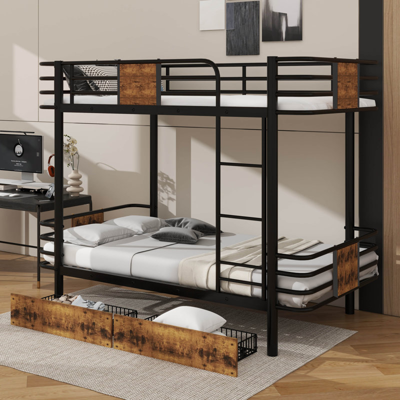 Metal Loft Bed Configured With Twin XL Over Twin XL Layout, Black