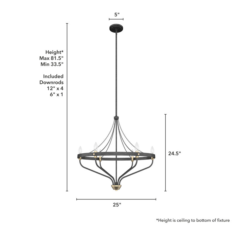 Plafonnier lustre à 6 lumières Hunter Merlin, Fer rustique
