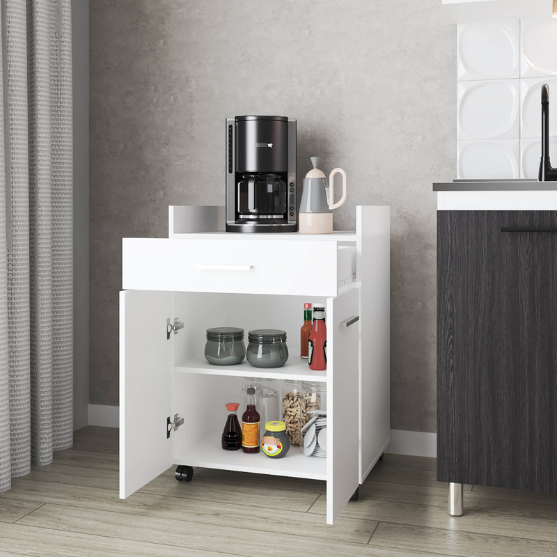 Chariot de cuisine blanc avec 2 portes et 1 tiroir, option de rangement pour la cuisine organisée, roulettes faciles à déplacer, panneau de particules assemblé, 33,6 po de hauteur, 17,77 de largeur, 23,45 de profondeur