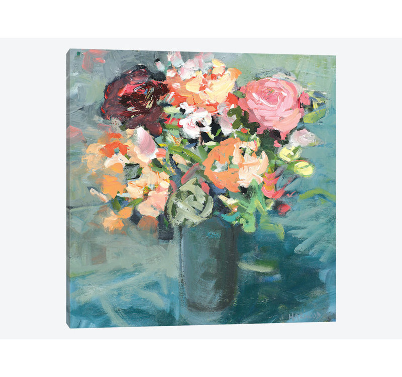 «Teal Bouquet», reproduction sur toile, H 12 po x l 12 po x P 1,5 po, Pas de tapis, Toile tendue