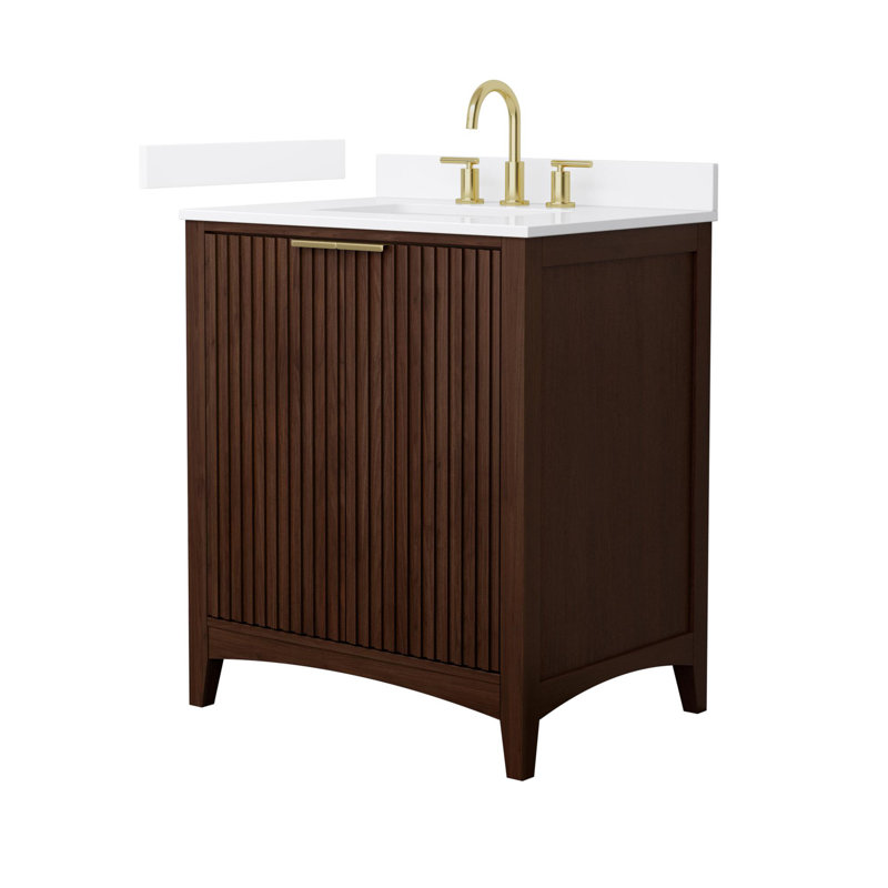 Meuble-lavabo simple avec plateau en quartz Palmilla, Brun / or brossé, 60", Quartz blanc