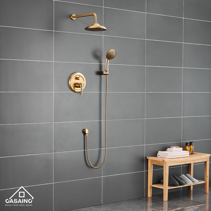 Retro Wall Mount 2 Function Rainfall Shower System with 3 Setting Handheld, Rough-In Valve and Diverter, Brushed Gold