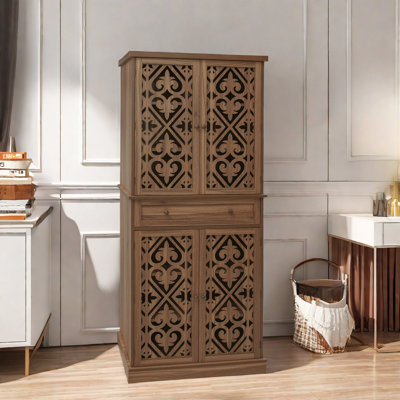 4-door Kitchen Pantry With 1 Drawer, 4 Adjustable Shelves And Symmetrical Carving Pattern