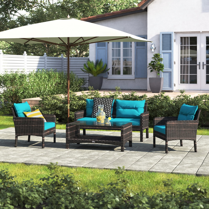 Gullo 4 - Person Patio Conversation Set with Cushions, Turquoise
