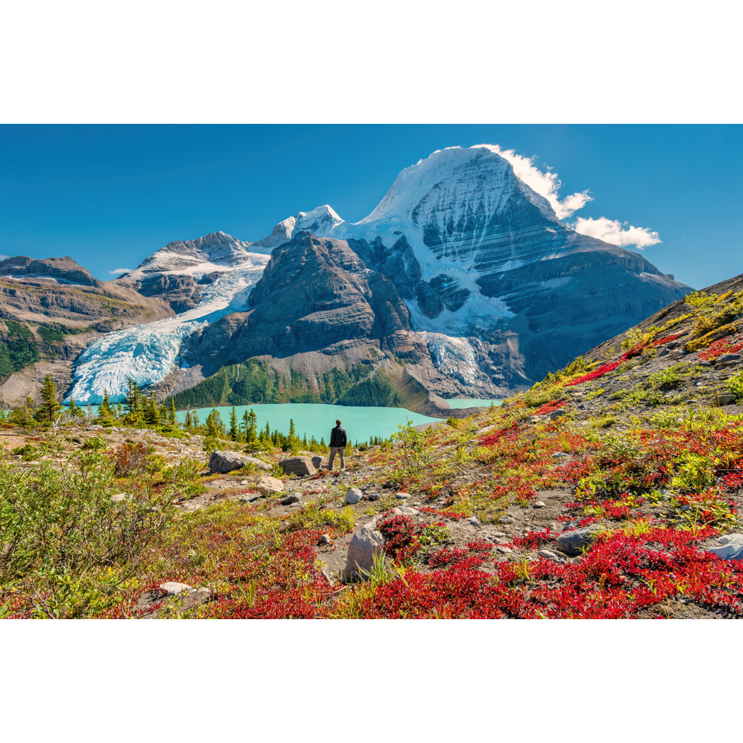 Wanderer bewundert Aussicht auf Mount Robson von Benedek - Druck ohne Rahmen auf Leinwand