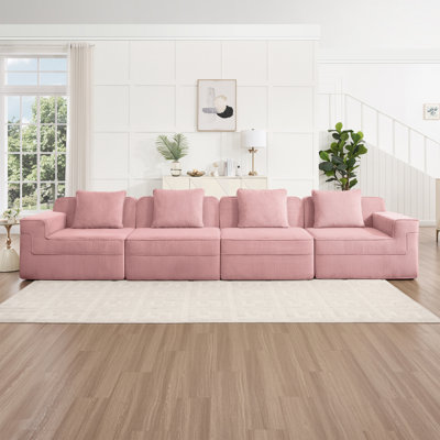 Canapé modulaire sans siège à 4 places, canapé modulaire Cloud avec assise profonde, canapé modulaire moderne à 4 places avec coussins décoratifs Tissu velours côtelé rose