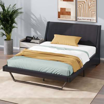Upholstered Bed Frame, PU Leather Platform Bed With Wave-Like Curve Design And Trapezoidal-Shaped Legs