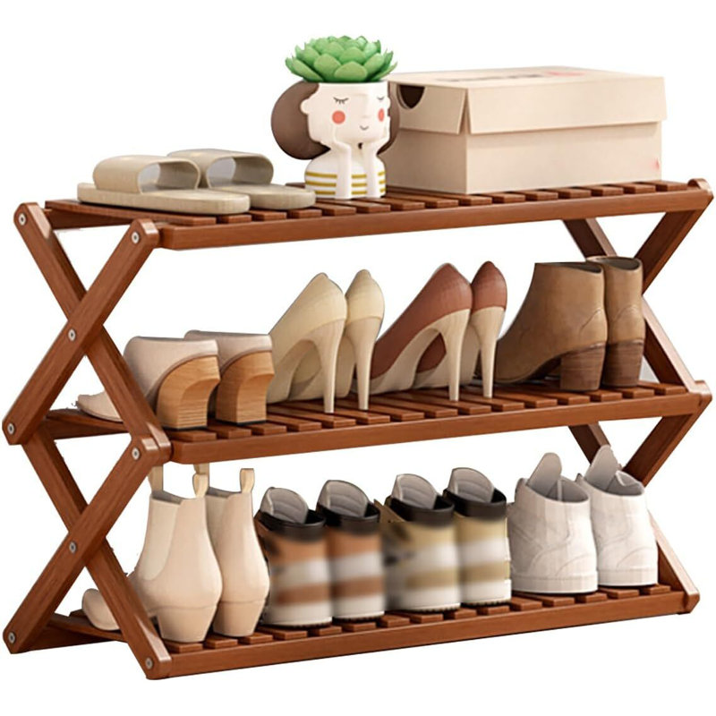 Bamboo 3-Tier Foldable Shoe Rack for Entryway Storage and Organization, Brown