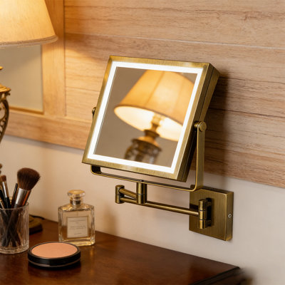 Wall Mounted LED Lighted Makeup Vanity Mirror，Double Sided 1X/10X Magnifying Mirror，3 Colour Lights Touch Dimmable, Extended Arm 360° Swivel Bathroom Mirror