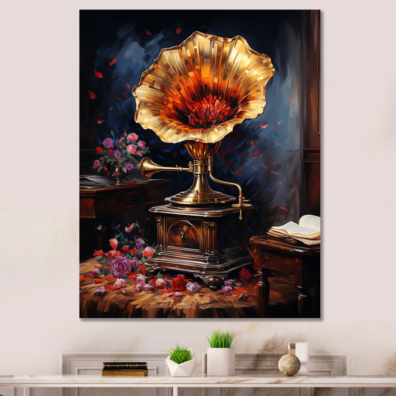 Gold Phonographs Elegance II - Phonographs, art mural, H 32 po x l 16 po x P 1 po, Toile tendue