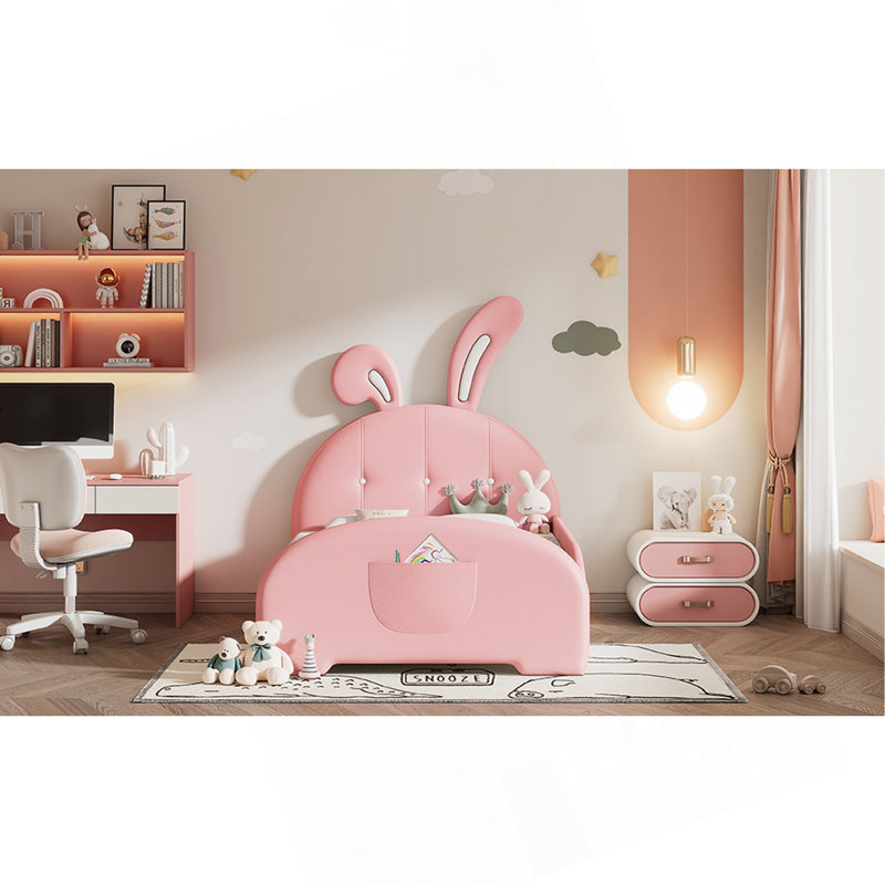 Charmant lit plateforme tapissier en forme de lapin pour chambre de fille, Rose
