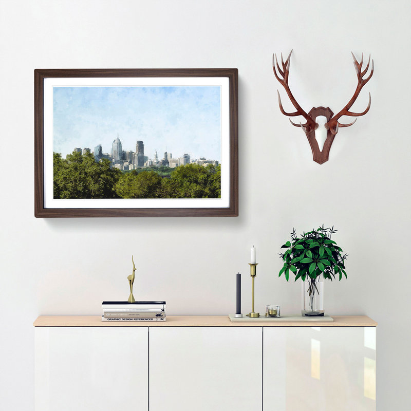 Philadelphia Skyline - Picture Frame Graphic Art Print, 62cm H x 87cm W x 2cm D, Walnut