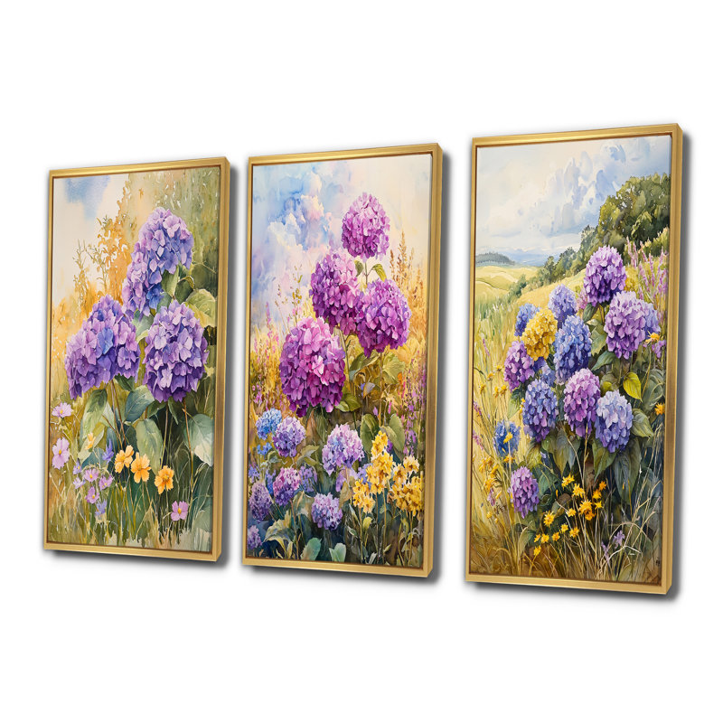 Hortensias et fleurs sauvages champêtres I - Collection d'art mural hortensias verts, H 40 po x l 60 po, Doré
