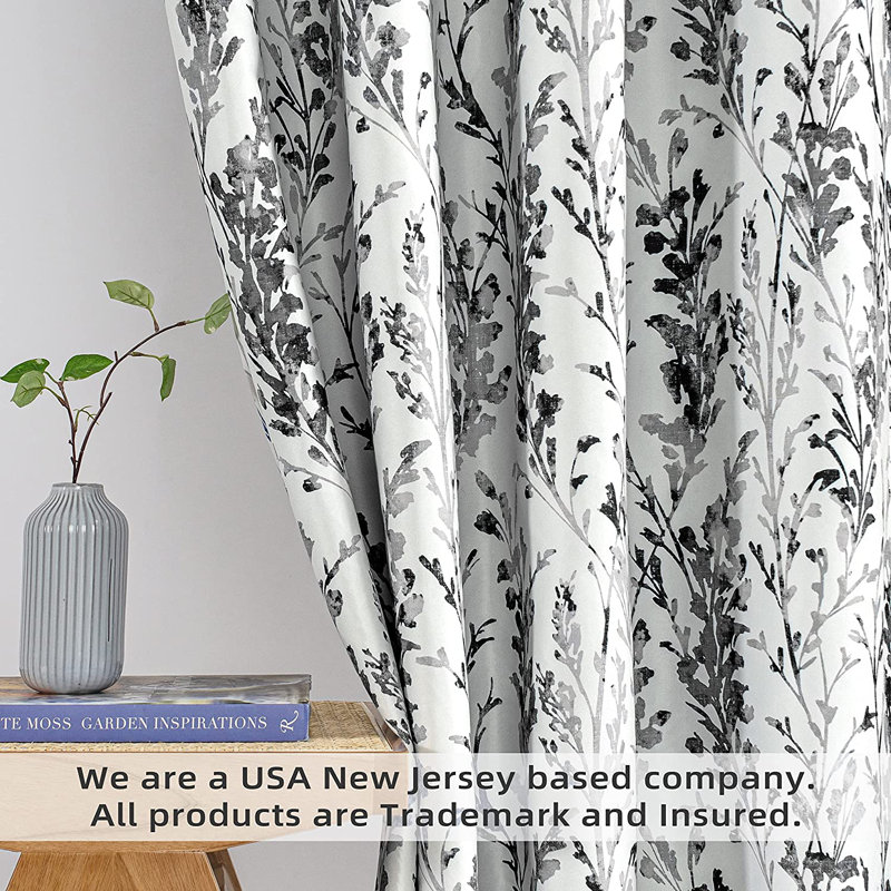 Rideau doublé à motif floral Rawlins, Noir anthracite / blanc